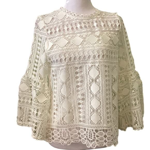 Ellison White Open Lace Macrame Pattern w/Belled Sleeves Blouse   S - Picture 1 of 11